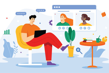 Video conference color concept with people scene in the flat cartoon design. Director discuss with his employees about business matters. Vector illustration.