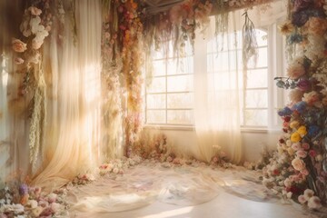 pastel white ivory sheer curtains, contemporary maximalist white ivory room full of colorful flowers and greenery. generative AI - obrazy, fototapety, plakaty