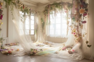 pastel white ivory sheer curtains, contemporary maximalist white ivory room full of colorful flowers and greenery. generative AI