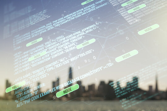 Multi exposure of abstract programming language hologram on blurry office buildings background, artificial intelligence and machine learning concept