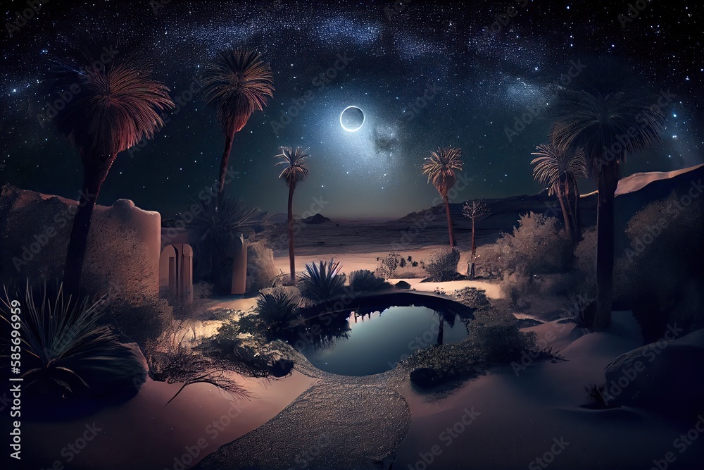 Wall mural oasis with view of the night sky, with stars and moon visible above, created with generative ai