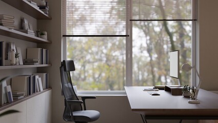 Side view of a modern contemporary home office workspace interior design © bongkarn