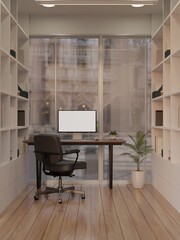 Minimal Scandinavian office workspace interior with computer mockup against the large window