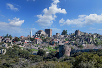 Naklejka premium The Temple of Athena ruin in Assos Ancient City. Panoramic view. Canakkale, Turkey.