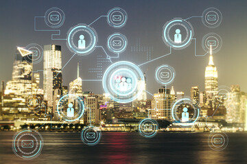 Abstract virtual social network concept on New York city skyline background. Multiexposure