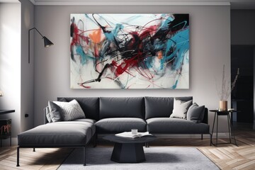 cozy living room with a captivating painting as the focal point. Generative AI