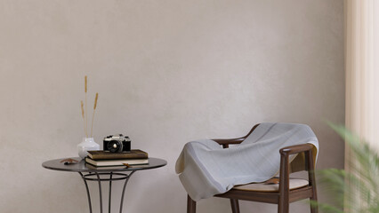 Minimalist white Scandinavian living room with a wooden armchair, a stylish table, white wall