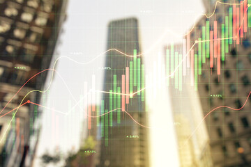 Double exposure of abstract financial graph on office buildings background, forex and investment concept