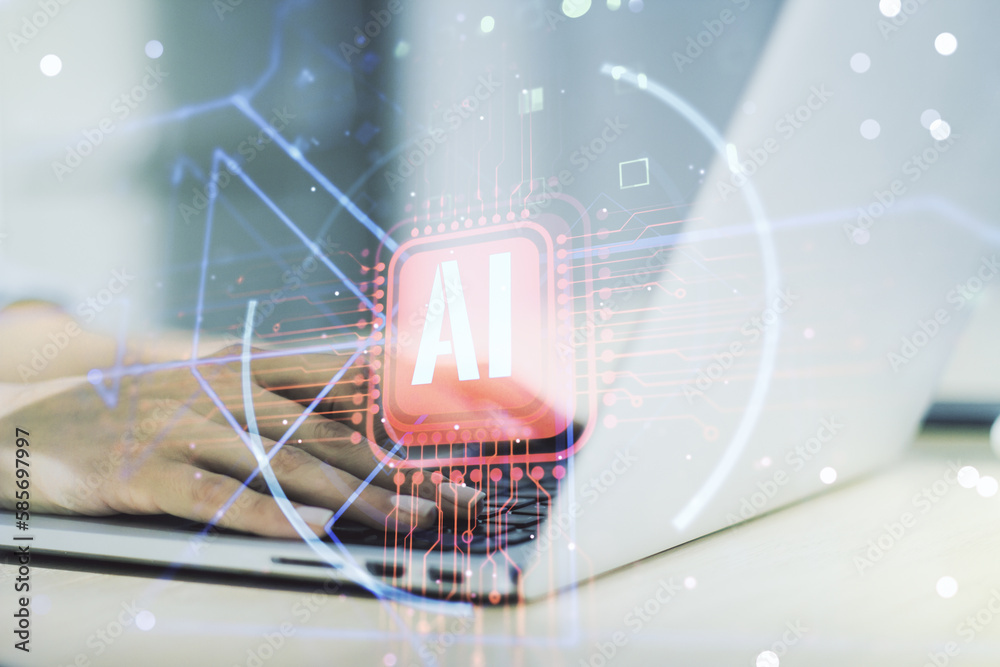 Poster double exposure of creative artificial intelligence abbreviation with hand typing on computer keyboa