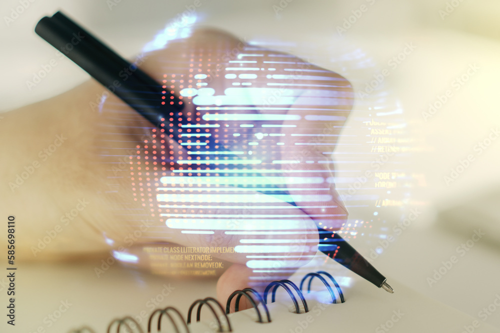 Aufkleber abstract creative coding illustration with world map and man hand writing in diary on background, in