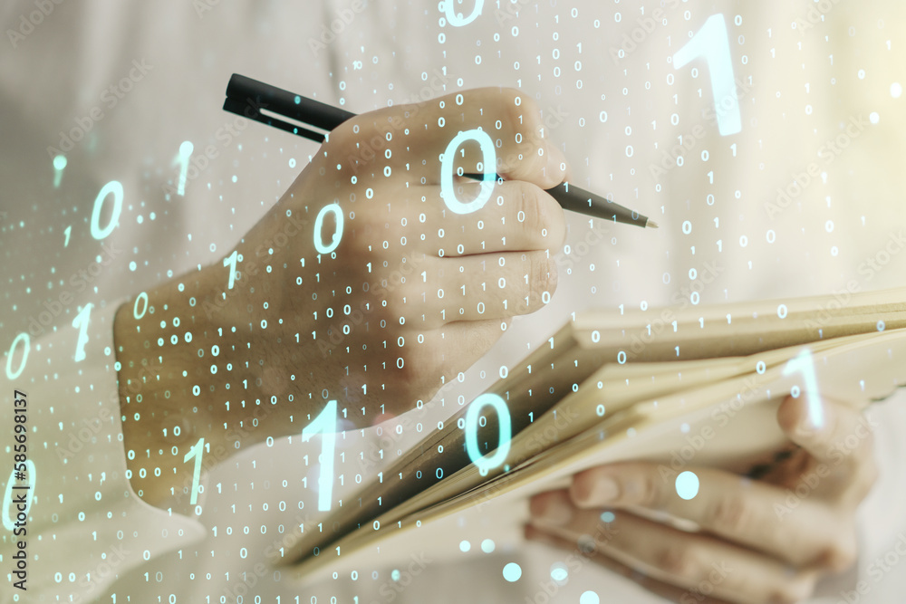 Leinwandbilder creative abstract binary code sketch and man hand writing in notepad on background, hacking and matr