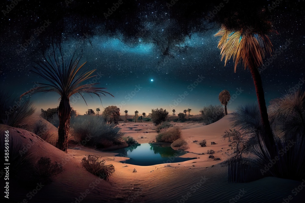 Wall mural oasis, with view of the night sky and stars, against the backdrop of desert, created with generative ai