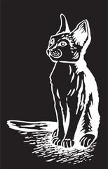 Vector illustration of bengal kitten sitting isolated on black,graphical drawing