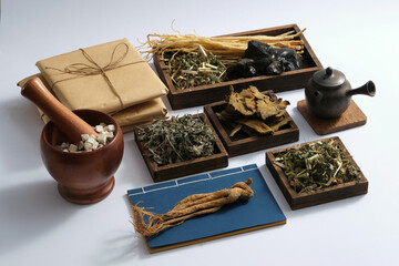 Some wooden trays with many types of herb placed on, displayed with earthen pot, medicine packs,...