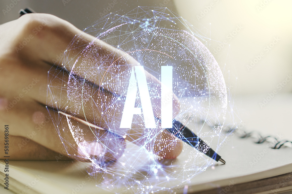 Aufkleber creative artificial intelligence symbol concept with man hand writing in diary on background. double