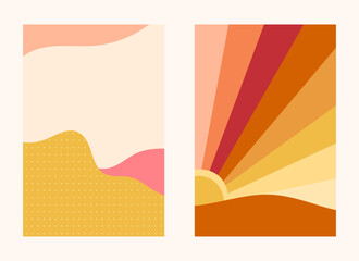 Groovy retro backgrounds pack, 70s nostalgia and positive vibes, bright vibrating texture in retro style, sky and sunset, vector illustrations