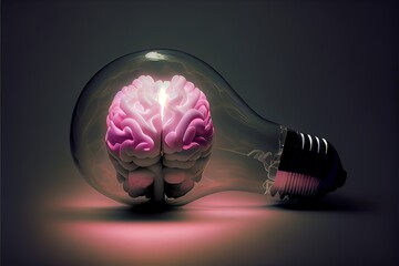 A glass light bulb with a pink human brain inside, lies on a dark background.