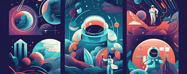 Fototapeta na wymiar Space, science fiction, future. Vector retro illustrations of astronaut, galaxy, planet, moon, space objects for poster, background or cover