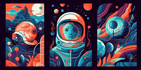 Fototapeta na wymiar Space, science fiction, future. Vector retro illustrations of astronaut, galaxy, planet, moon, space objects for poster, background or cover