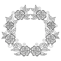 Blooming flower wreath hand drawn for adult coloring book