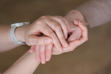 woman supports her friend holding her hands. two women embracing. concept kindness, empathy, and...