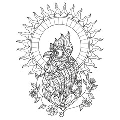 Fototapeta premium Chicken and sun hand drawn for adult coloring book