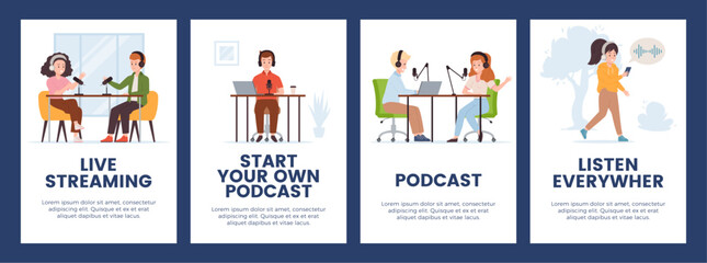 Fototapeta na wymiar Online podcast audio streaming event banners or posters flat vector illustration.