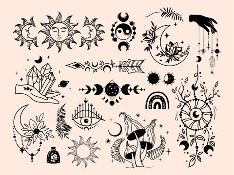 Mystical celestial clipart bundle, Mysticism and esoteric, Flower moon phases, dream catcher and arrow symbol, mushrooms, withes hands, crystal and spiritual isolated vector elements
