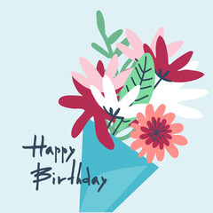 Obraz premium Happy Birthday greeting card design with flowers in trendy retro style and handwritten signature Happy Birthday on a bright background. Template for IG, web, postcard, social network