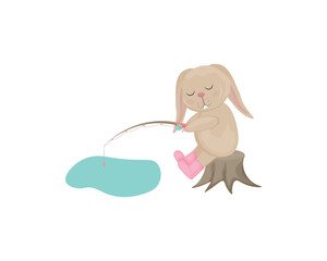 Rabbit with a fishing rod . Cute rabbit in cartoon style. A hare fisherman with a fishing rod sits on a stump. The hare is fishing. Children s illustration. Vector