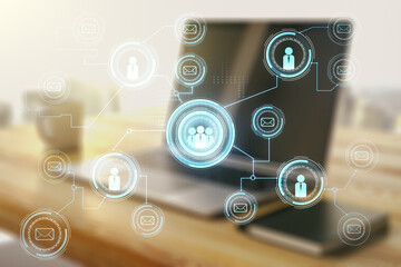 Social network media concept and modern desktop with pc on background. Double exposure