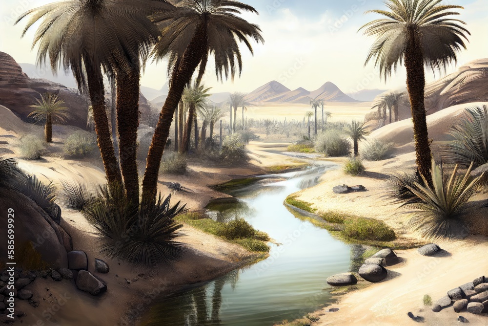 Canvas Prints oasis, with palm trees and babbling brook, surrounded by arid desert landscape, created with generative ai