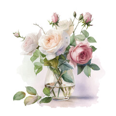 Fototapeta premium Watercolor bouqet with wild pink and white Roses in vase. Collection magenta flowers, leaves, branches. Design for greetings, card, invitation, flyer, banner.