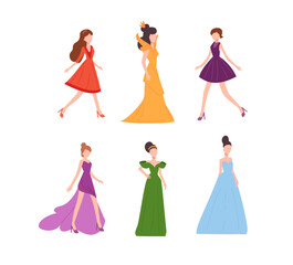 Fashion models presenting collection of clothing, vector illustration isolated.