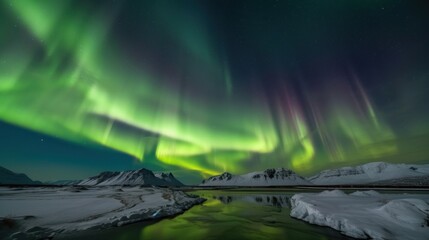 Astonishing island landscape featuring the Northern Lights, winter snow, and mountainous terrain. AI GENERATED.