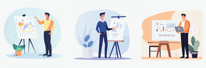 Simplified Flat Vector Art Image of a Man Presenting in Office with a White Background, Bundled for Your Convenience