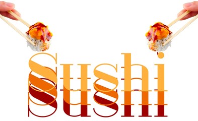 sushi - three-color lettering - modern oriental style - ideal for sites, prints, restaurants, advertising, menus, pictures, posters, billboards, banners, cards, tickets, T-shirts, logos,
