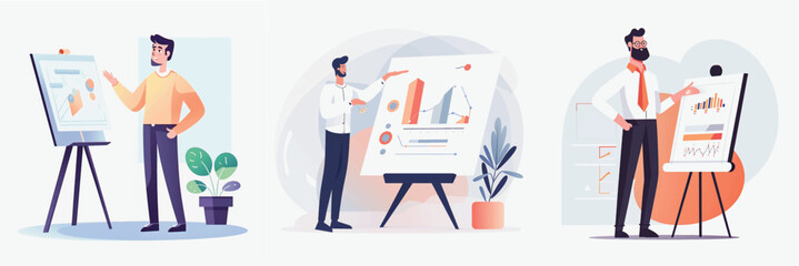 Simplified Flat Vector Art Image of a Man Presenting in Office with a White Background, Bundled for Your Convenience