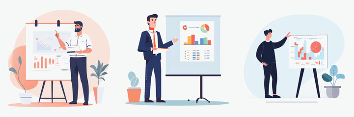 Simplified Flat Vector Art Image of a Man Presenting in Office with a White Background, Bundled for Your Convenience