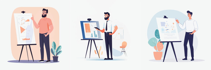 Simplified Flat Vector Art Image of a Man Presenting in Office with a White Background, Bundled for Your Convenience