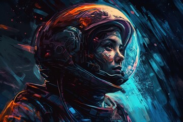 man wearing a spacesuit standing on a rocky planet with a view of the galaxy in the background. Generative AI