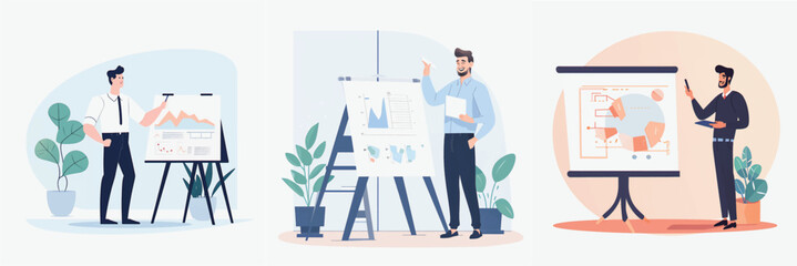 Simplified Flat Vector Art Image of a Man Presenting in Office with a White Background, Bundled for Your Convenience