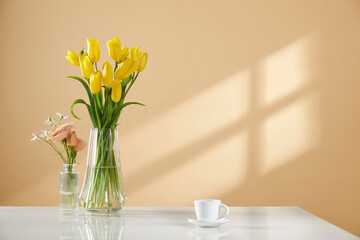 A cozy home with sunlight shining through the
windows and fresh flowers