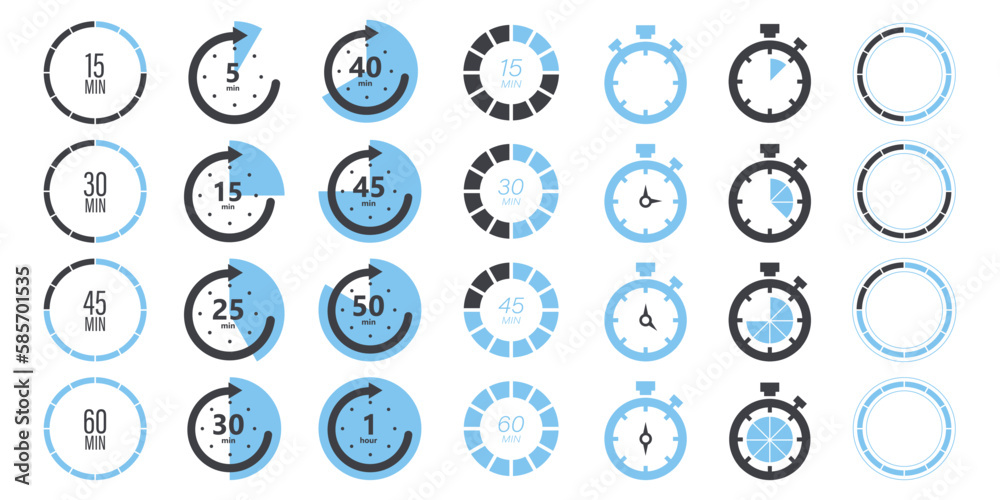 Poster Set of time stopwatch icons. Deadline timer clock icons