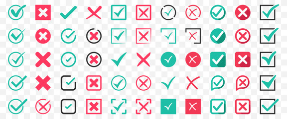 Set of green check and red cross icons. Approved and rejected
