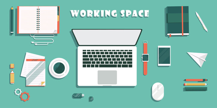 Working space with laptop, phone, notebook in a flat design