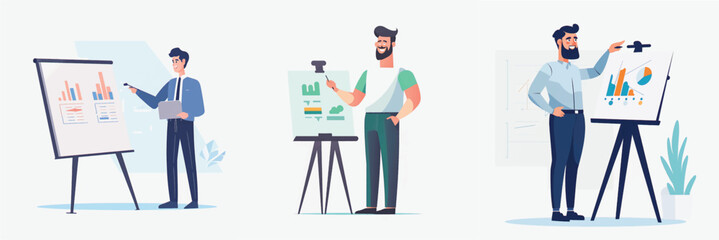 Simplified Flat Vector Art Image of a Man Presenting in Office with a White Background, Bundled for Your Convenience