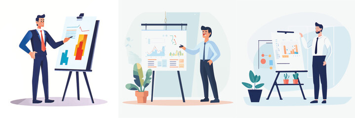 Simplified Flat Vector Art Image of a Man Presenting in Office with a White Background, Bundled for Your Convenience