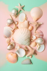 Seashells and starfish in tropical pastel colors 