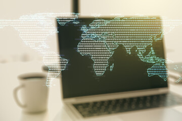 Abstract creative digital world map on modern computer background, globalization concept. Multiexposure